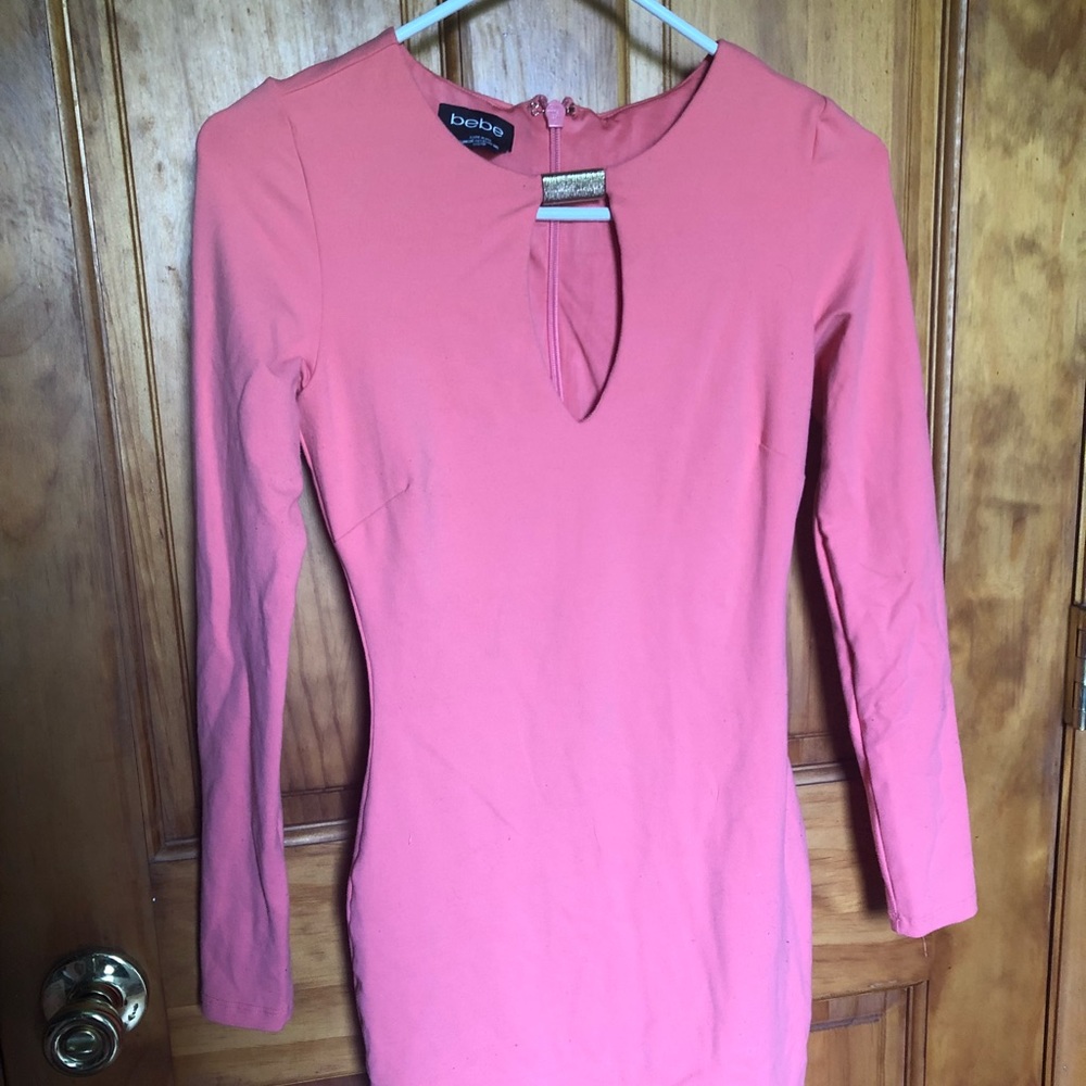 Coral keyhole neckline dress with long sleeves